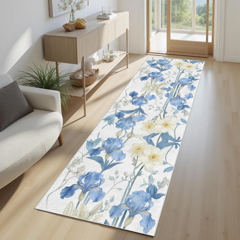 Hall Commercial Printing - Aquarell-Blau-Iris-Blumen-Läufer, eleganter Teppich mit Frühlingsblumen-Druck, rutschfeste